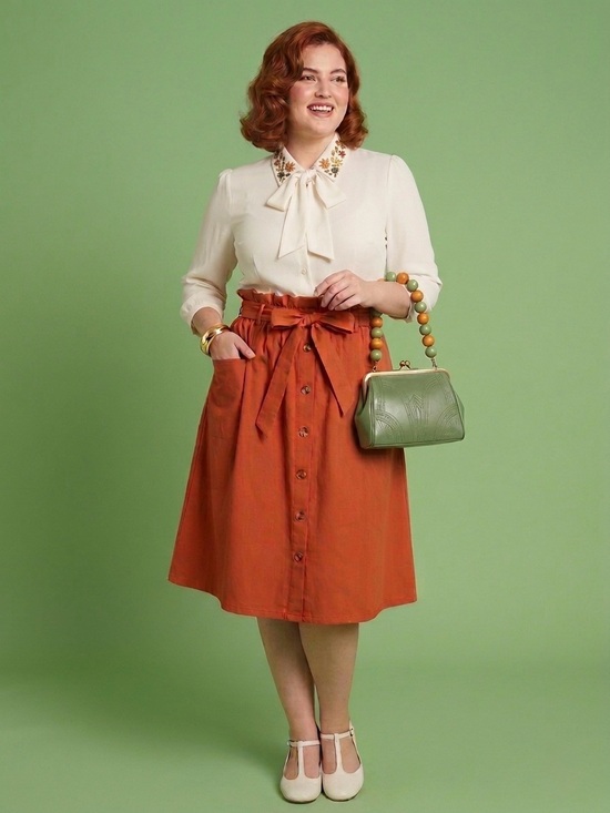 Dresses & Skirts - Rust Terracotta Paperbag Waist Button Front Midi Skirt Cotton ModCloth Style Lrg